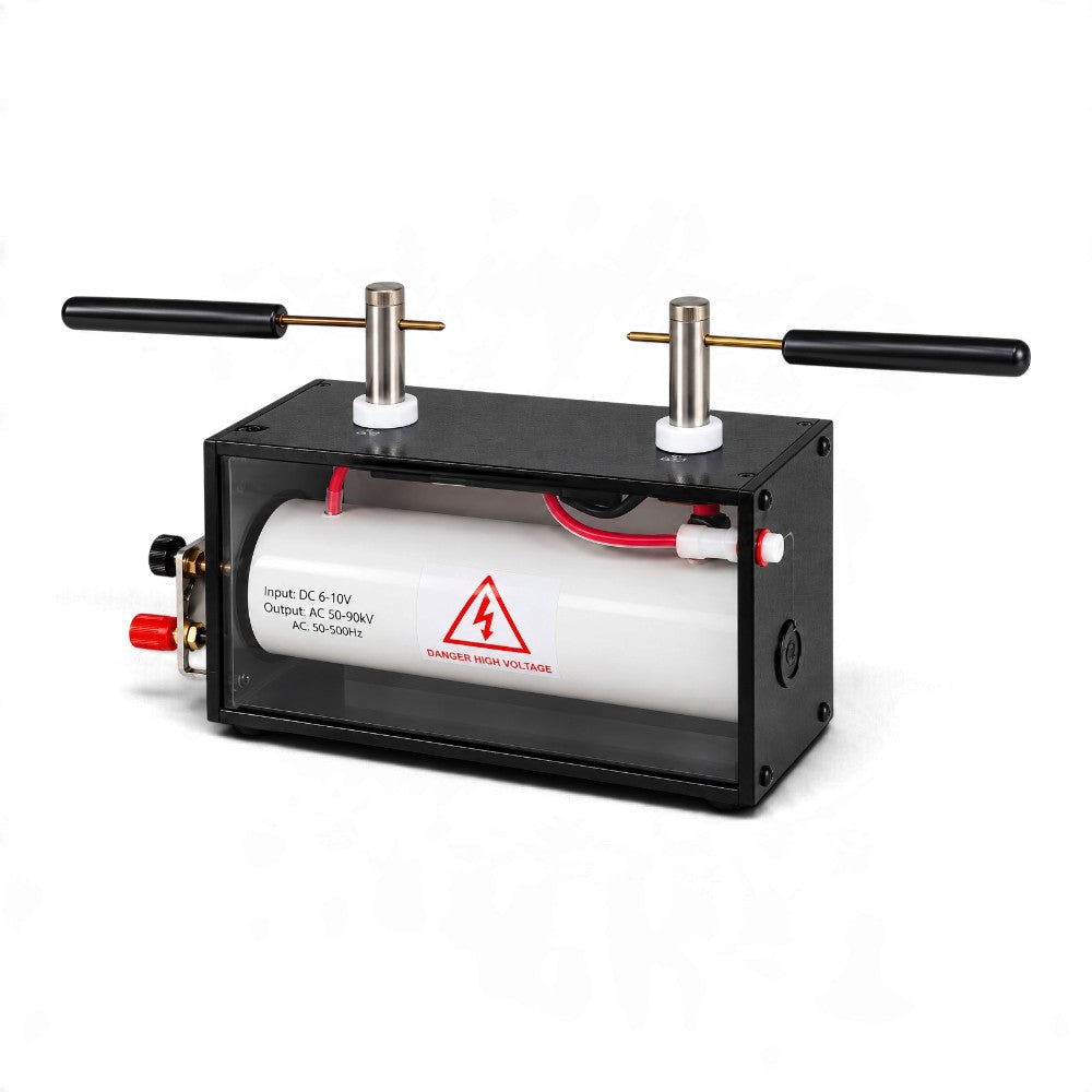 High-voltage induction coil demonstrator with black-handled adjustable brass discharge electrodes