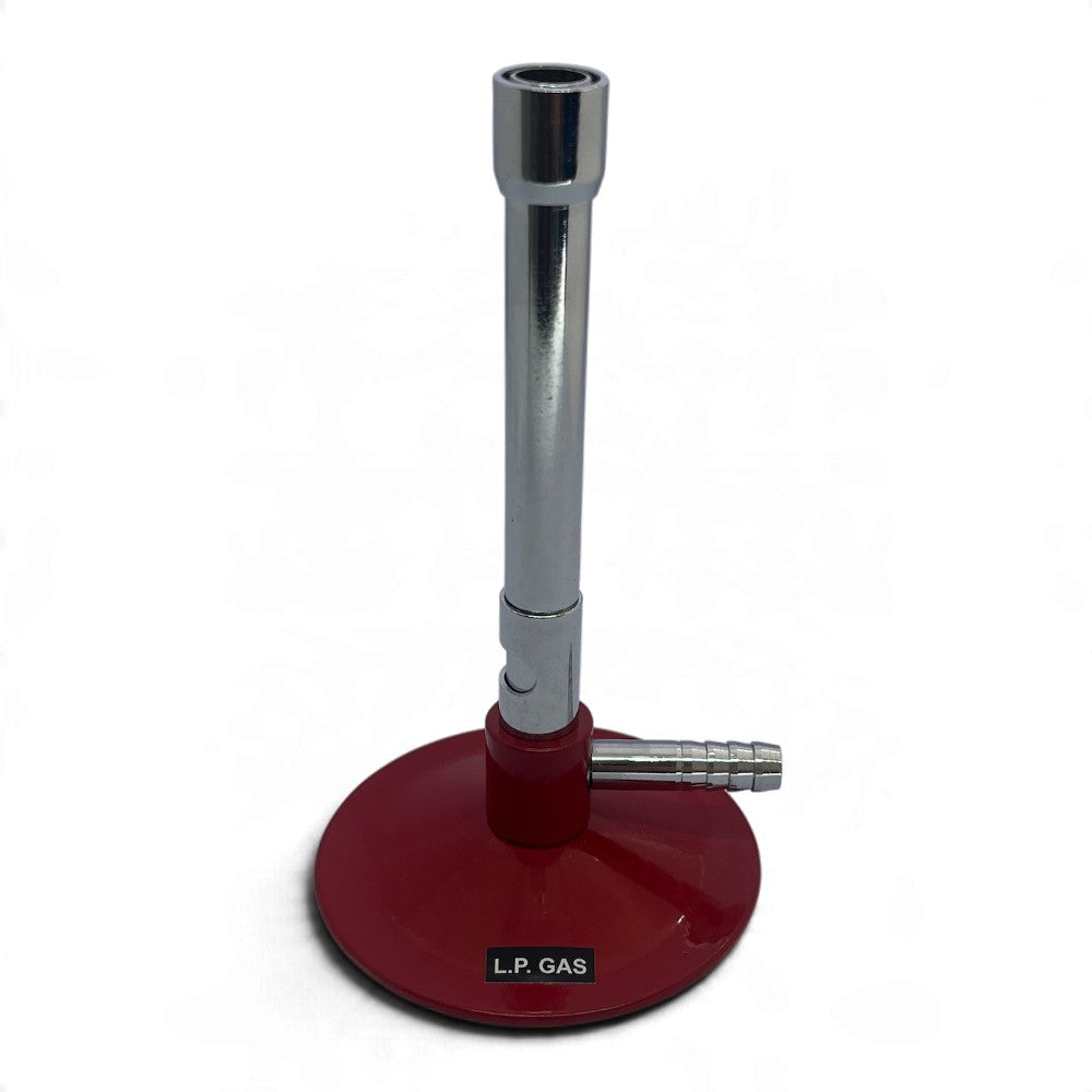 LPG Bunsen burner with nickel-plated brass barrel, adjustable air shutter and enamelled base