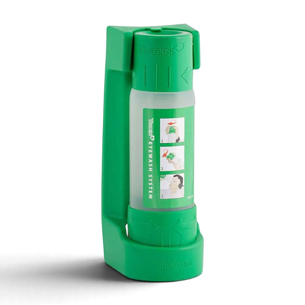 Tobin 500 mL eyewash flask with wall-mounted stand