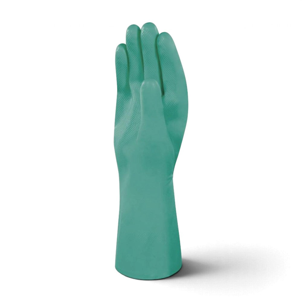 Reusable green nitrile glove showing textured grip