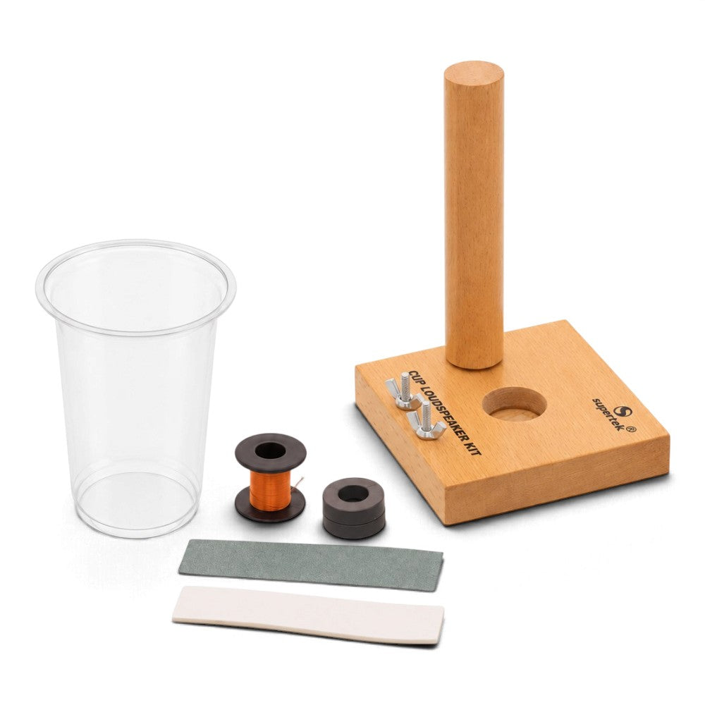 Cup loudspeaker science kit with wooden stand, clear plastic cup, copper wire coil, magnets and assembly components