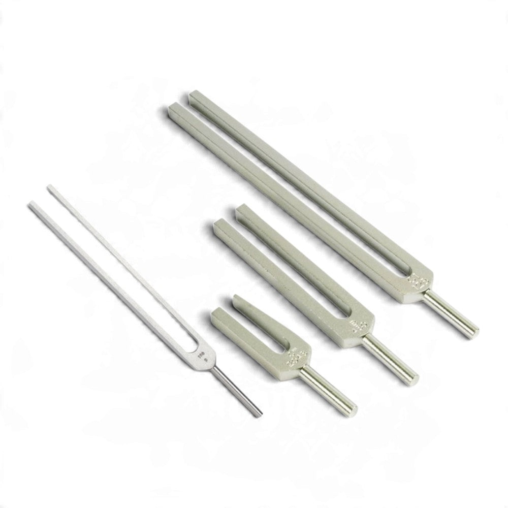 Set of four aluminium alloy tuning forks for C major chord demonstrations at 256, 320, 384 and 512 Hz