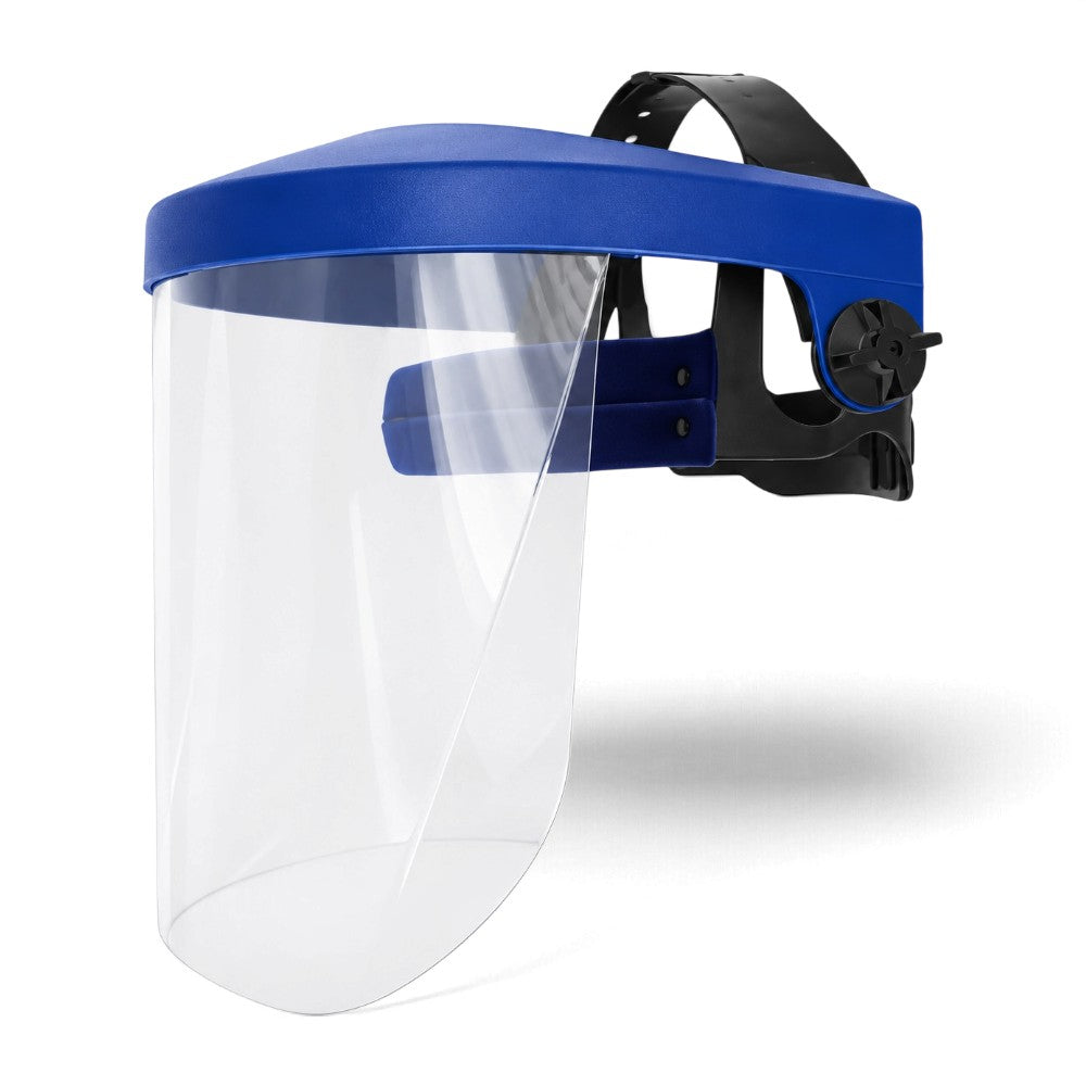 Face shield with blue browguard and clear polycarbonate visor