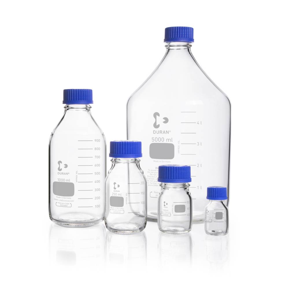 Schott DURAN clear graduated borosilicate glass laboratory bottles with blue screw caps and pouring rings