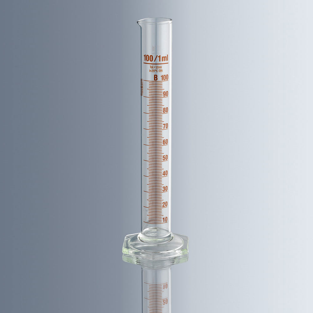 Measuring Cylinder Glass Hex Base MARIENFELD 100ml +/-1ml