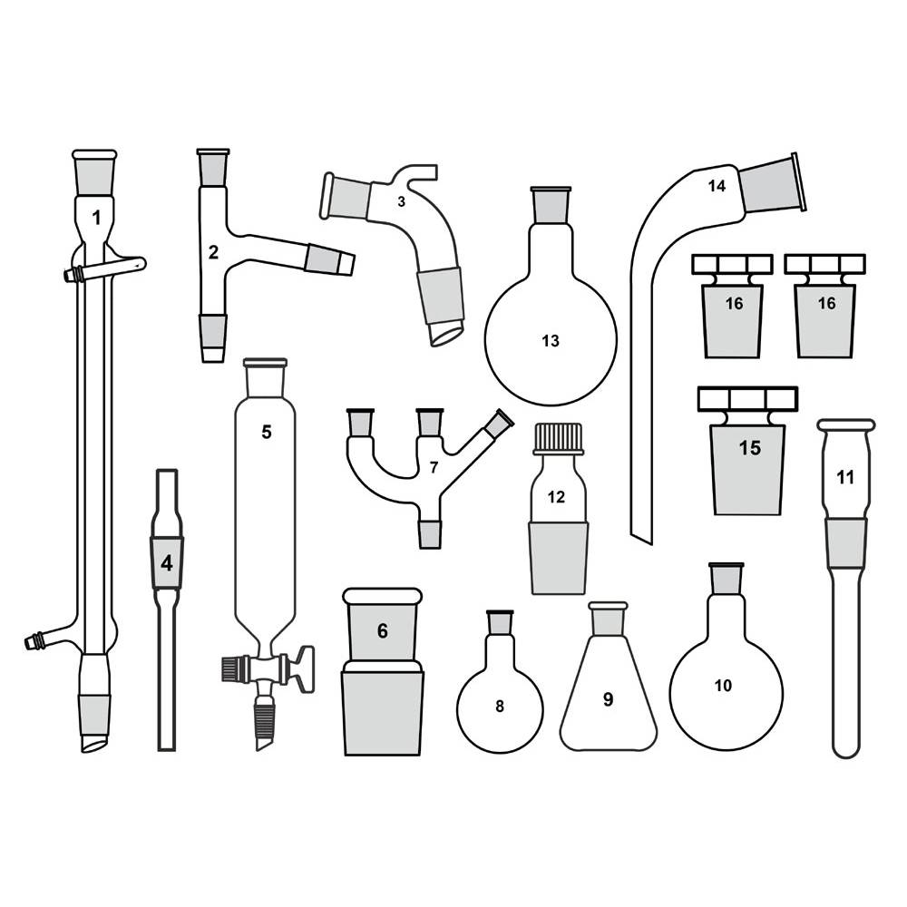 Organic Chemistry Demonstration Glassware Set – 16-Piece Kit (Equivalent to 34 BU)