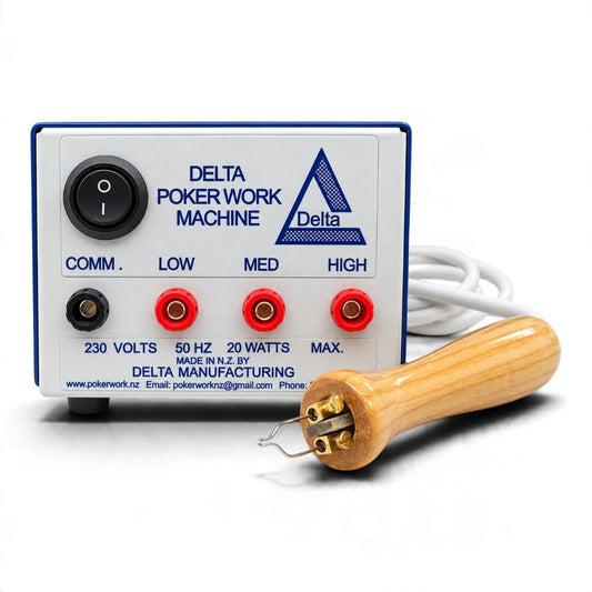 Delta single-handpiece poker work machine with heat controls and wooden pyrography handpiece