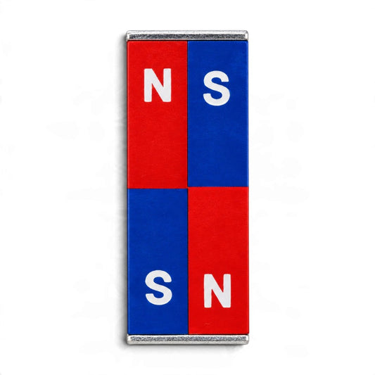 Pair of alnico bar magnets with red and blue north and south pole markings and keepers
