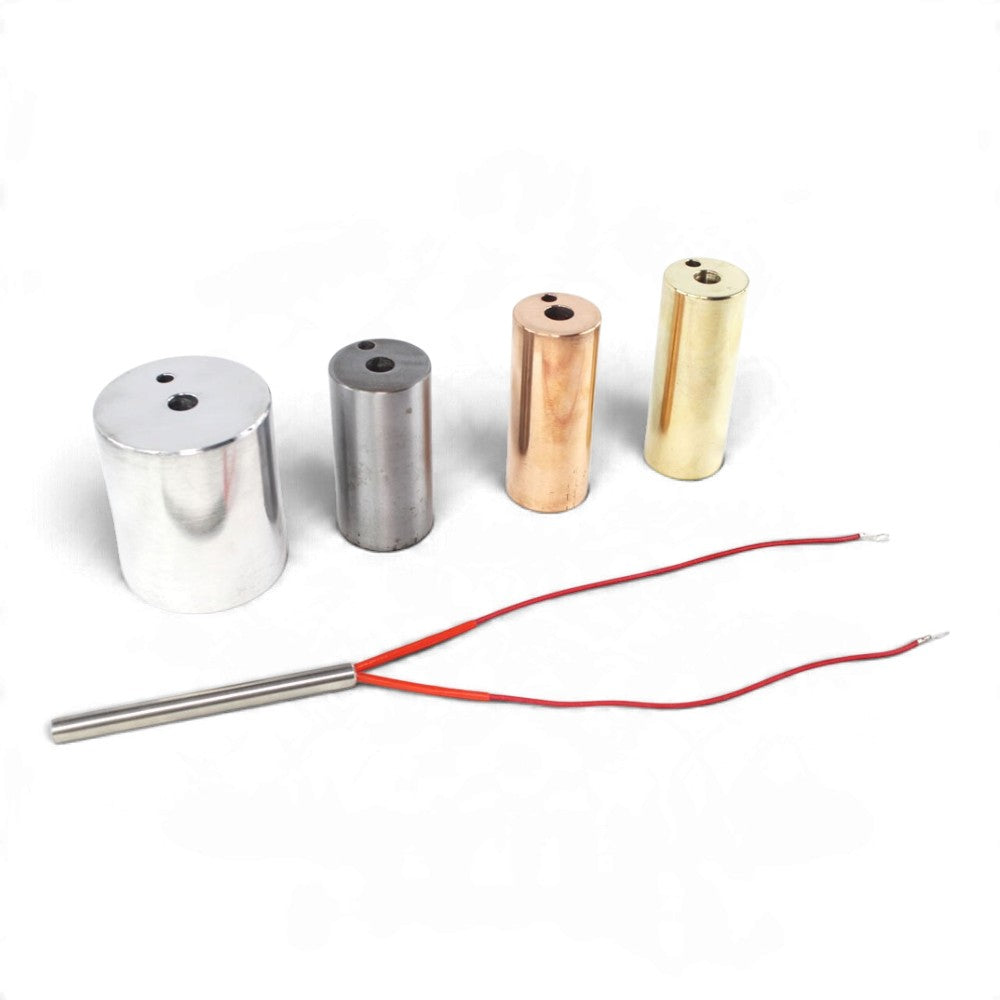 Set of four aluminium iron brass and copper calorimeter blocks with immersion heater
