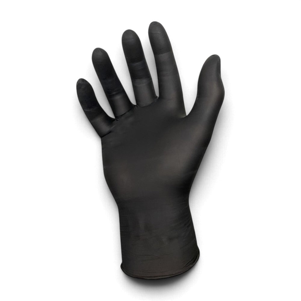 Black nitrile disposable glove showing fit and texture