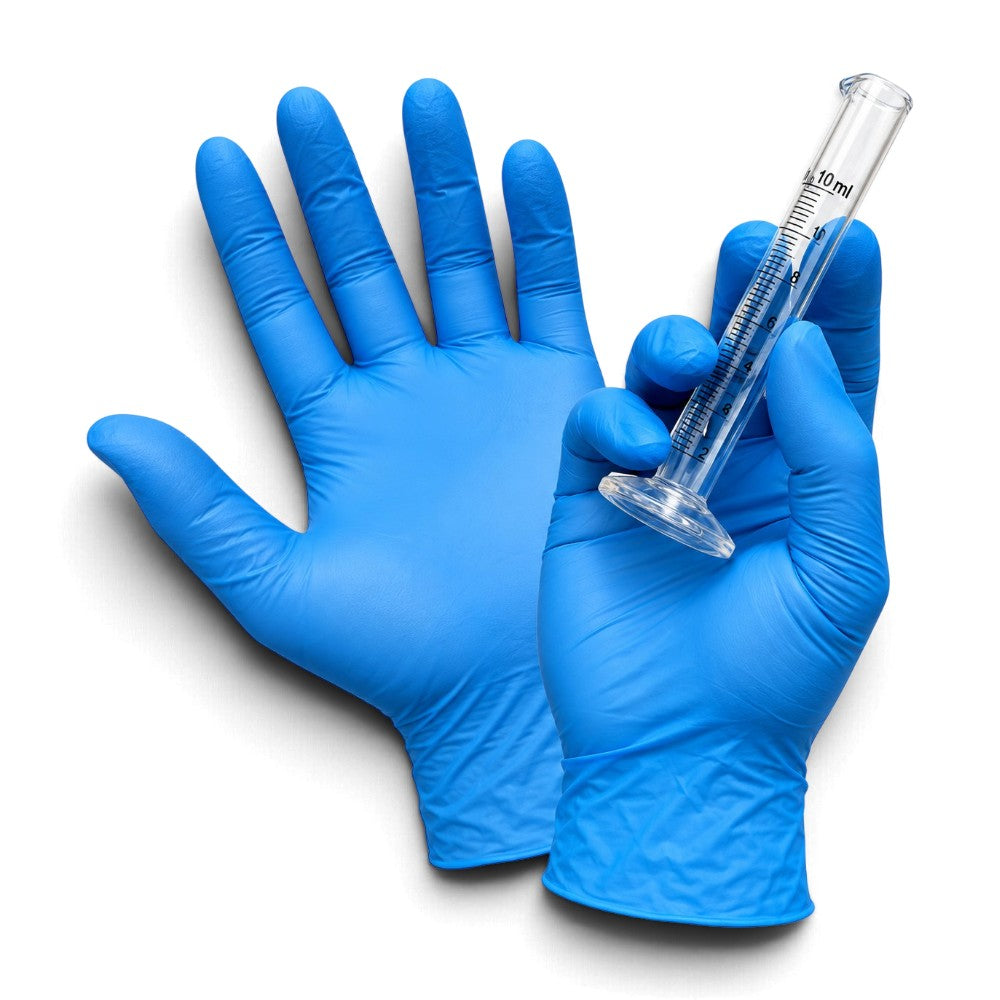 Blue nitrile examination glove showing fit and texture
