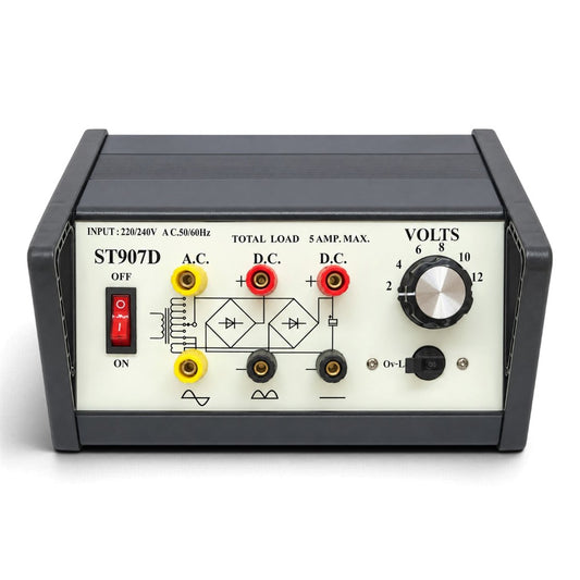 Smoothed laboratory AC/DC power supply with voltage selector, switches and colour-coded output terminals, 2–12V