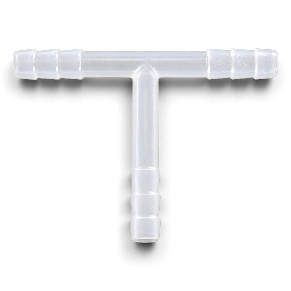 White polypropylene 10mm barbed T-connector for joining three lengths of laboratory tubing