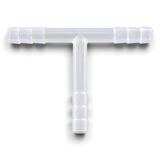 White polypropylene 10mm barbed T-connector for joining three lengths of laboratory tubing