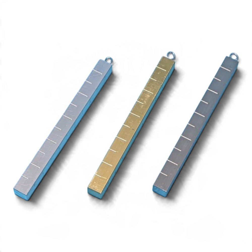 Set of three Archimedes graduated metal sticks in aluminium, brass and stainless steel