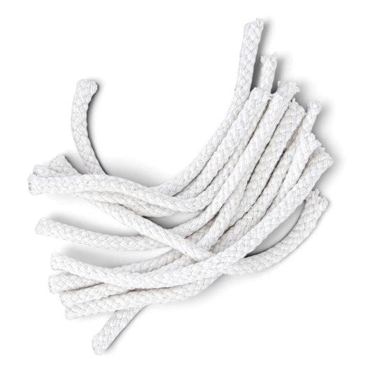 Pack of ten white braided cotton replacement wicks for spirit burner, approximately 6mm diameter
