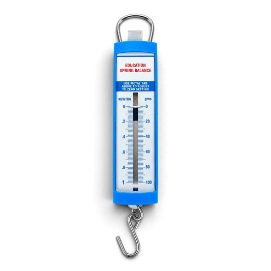 48BSN1 flat spring balance force meter, 0–1N and 0–100g dual scales, blue body with hanging ring and load hook