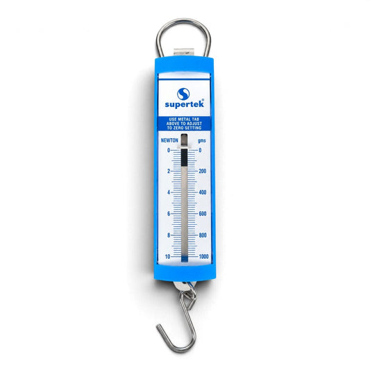 Blue flat spring balance force meter with 10N and 1000g dual scales, hanging loop and load hook