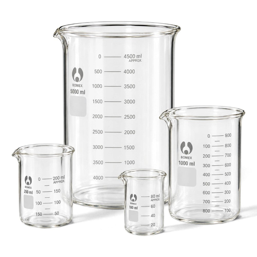 BOMEX low-form borosilicate glass beakers in 100 mL, 250 mL, 1000 mL and 5000 mL sizes, with pouring spouts and graduated markings