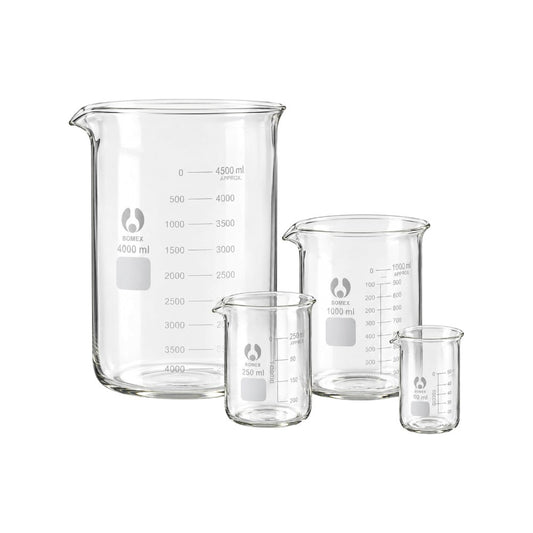 Assorted BOMEX low-form borosilicate glass beakers with pouring spouts and graduated markings