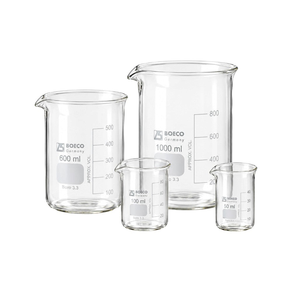 Assorted BOECO Germany low-form borosilicate glass beakers with pouring spouts and graduated scales