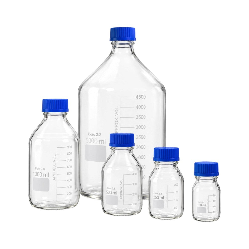 Range of clear borosilicate glass 3.3 laboratory reagent bottles with blue screw caps and graduated scales