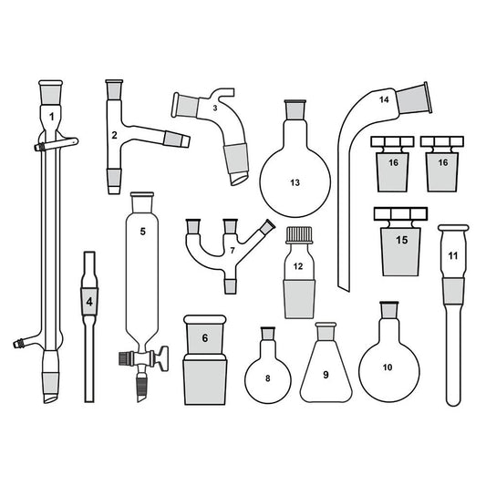 Organic Chemistry Demonstration Glassware Set – 16-Piece Kit (Equivalent to 34 BU)